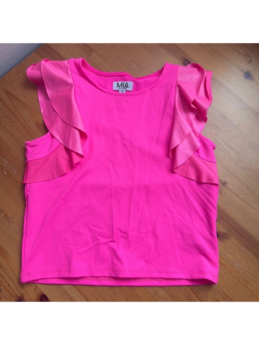 MIA fluorescent pink frilly sleeveless blouse size medium girls nwot
